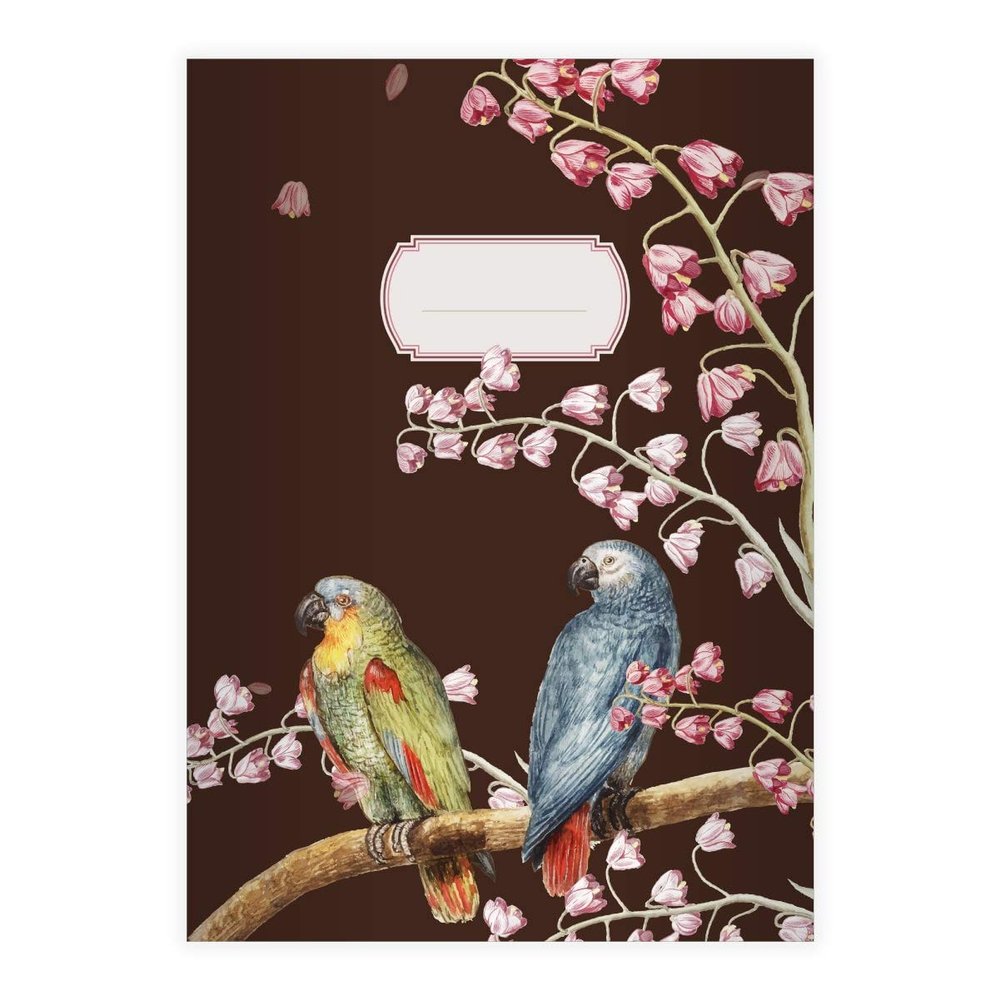 Kartenkaufrausch 2 Elegant Vintage-Style Parrots on Flowering Branches, DIN A4 School Notebooks, 5 mm Grid, Brown, Layout 28, 16 Sheets/32 Pages