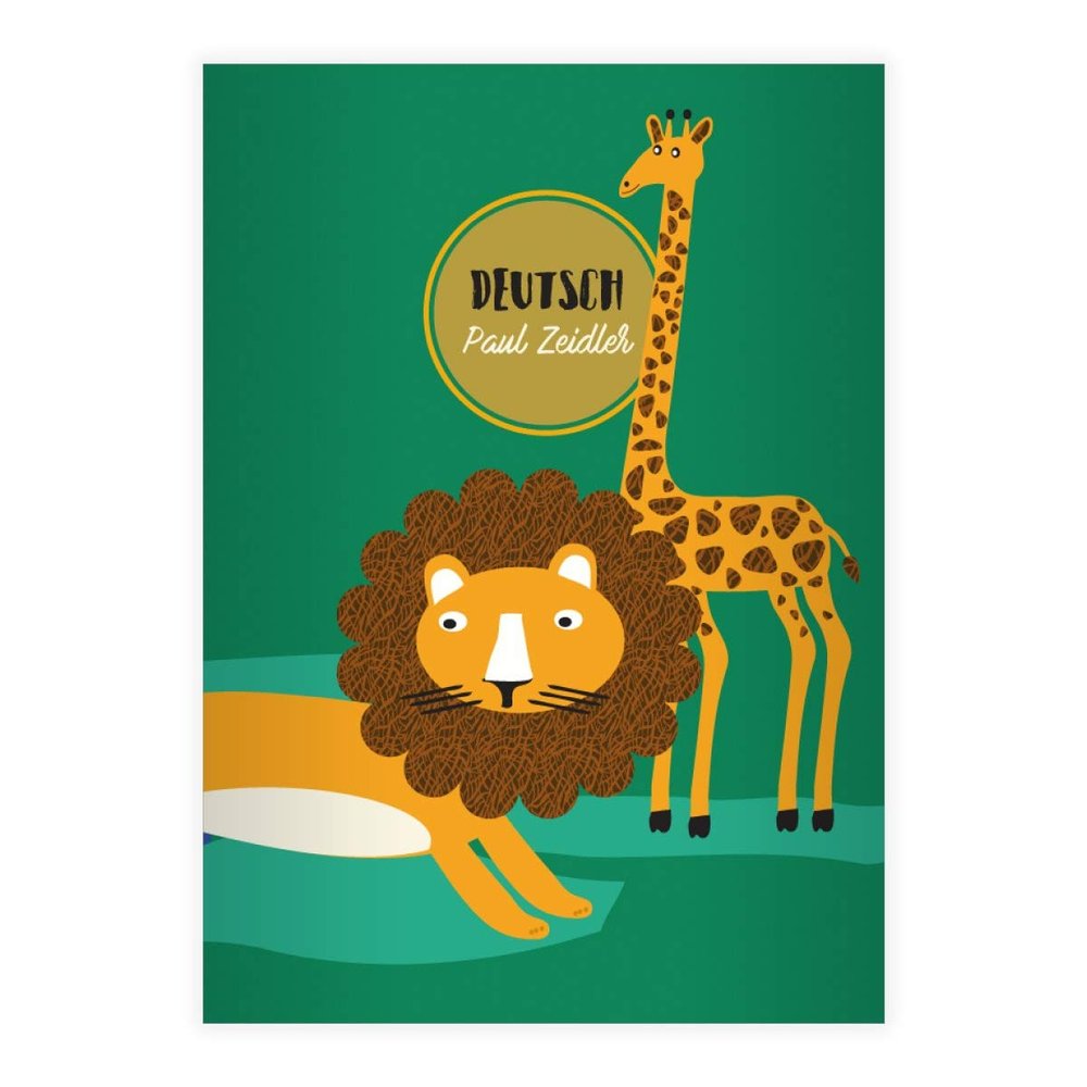 4 Personalized Retro African Wildlife A4 School Notebooks with Lion and Giraffe, Green Ruling 27