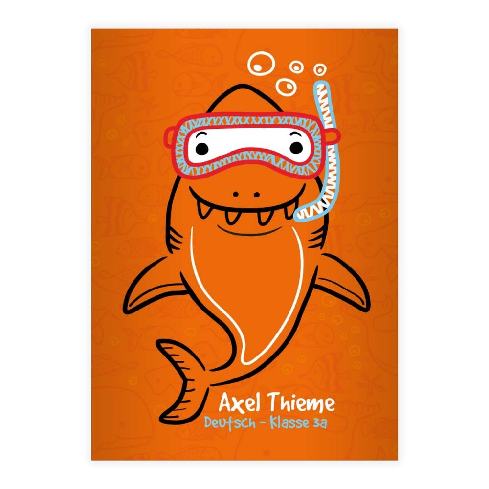 8 Personalized Funny Deep-Sea Diver A4 Exercise Books with Comic Shark, Orange Grid Ruling 22