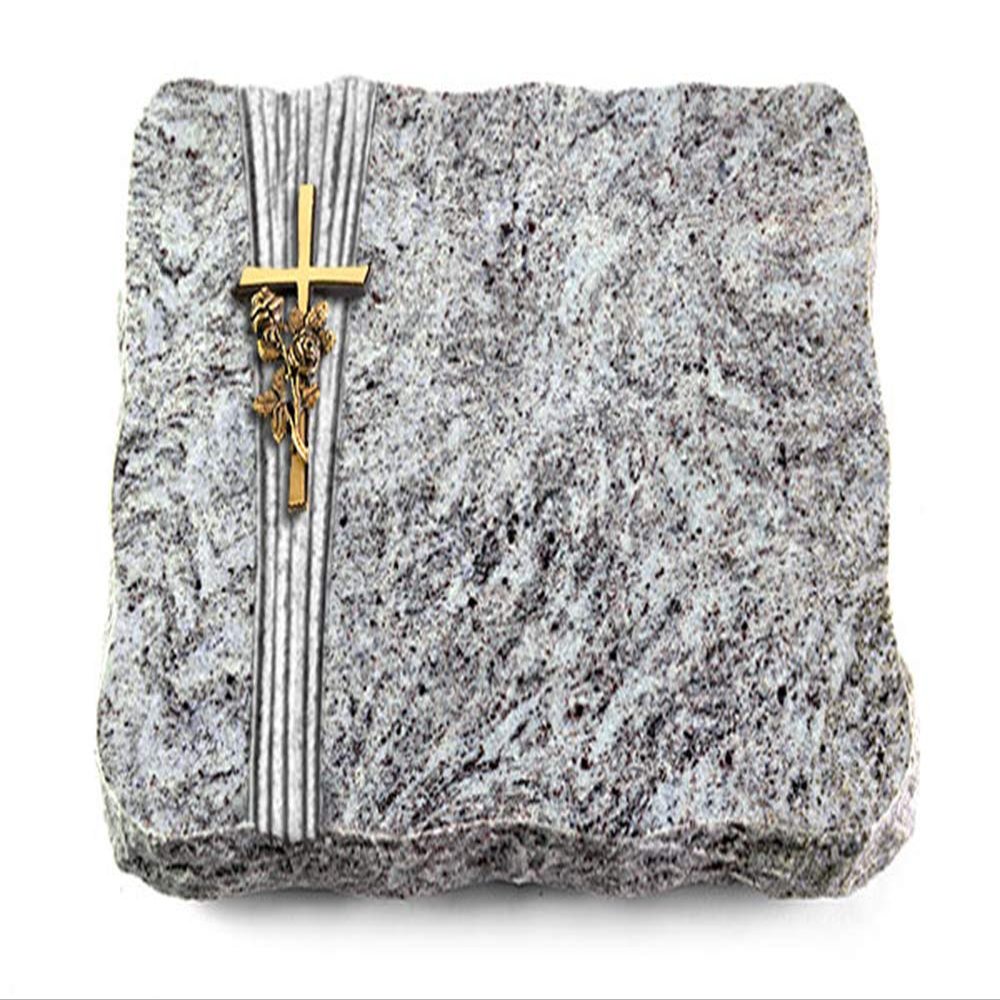 Wilhelmy Memorials Grave Plaque, Strict Model, 40 x 30 x 5 cm, Marina Blue Granite, Polished, Engraving Included (Bronze Cross/Rose Ornament)