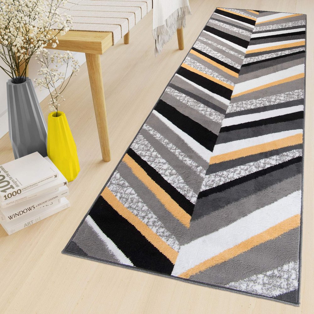 TAPISO Maya Short-Pile Runner Rug, Modern Gray/White/Yellow/Black Stripes, KOTEX, 100 x 440 cm