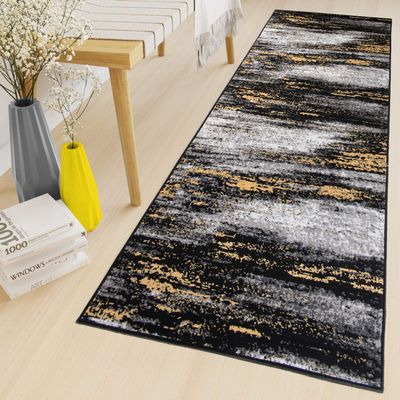 TAPISO Maya Runner Rug, Cut-to-Length, Low-Pile, Gray/Yellow/Black Blurred Mottled Design, KOTEX, 70 x 390 cm