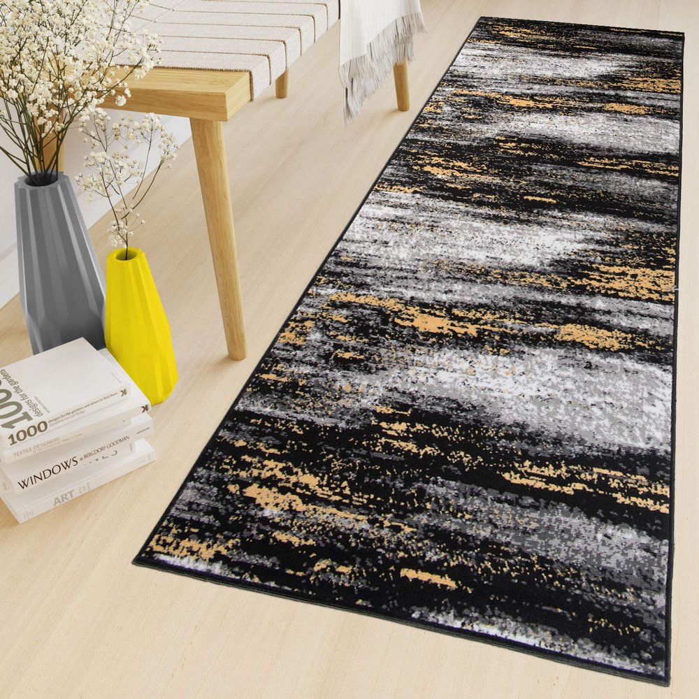 TAPISO Maya Runner Rug, Cut-to-Length, Low-Pile, Gray/Yellow/Black Blurred Mottled Design, KOTEX, 70 x 390 cm