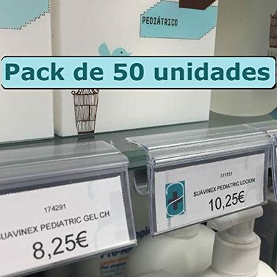 50 Transparent Price Tag Holders for Glass Shelves, 30 x 65 mm