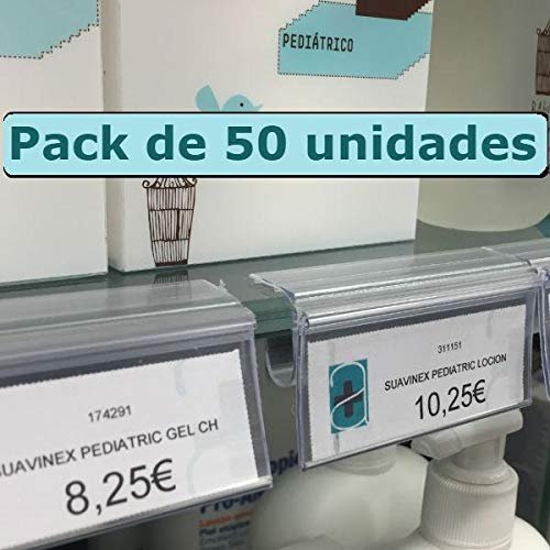 50 Transparent Price Tag Holders for Glass Shelves, 30 x 65 mm