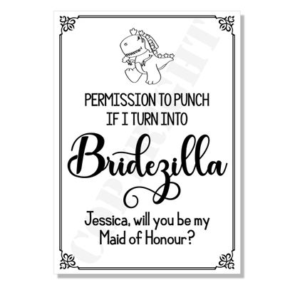 Funny Postcard: Permission to Punch Me if I Turn into a Bridezilla—Will You Be My Bridesmaid, Maid of Honour, Matron, Chief, Junior or Flower Girl?