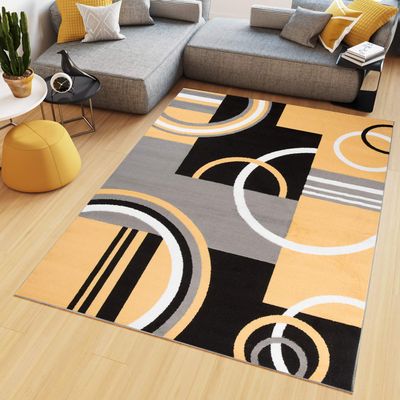TAPISO Maya Short-Pile Rug, Black Yellow Gray White Squares, 180 x 250 cm
