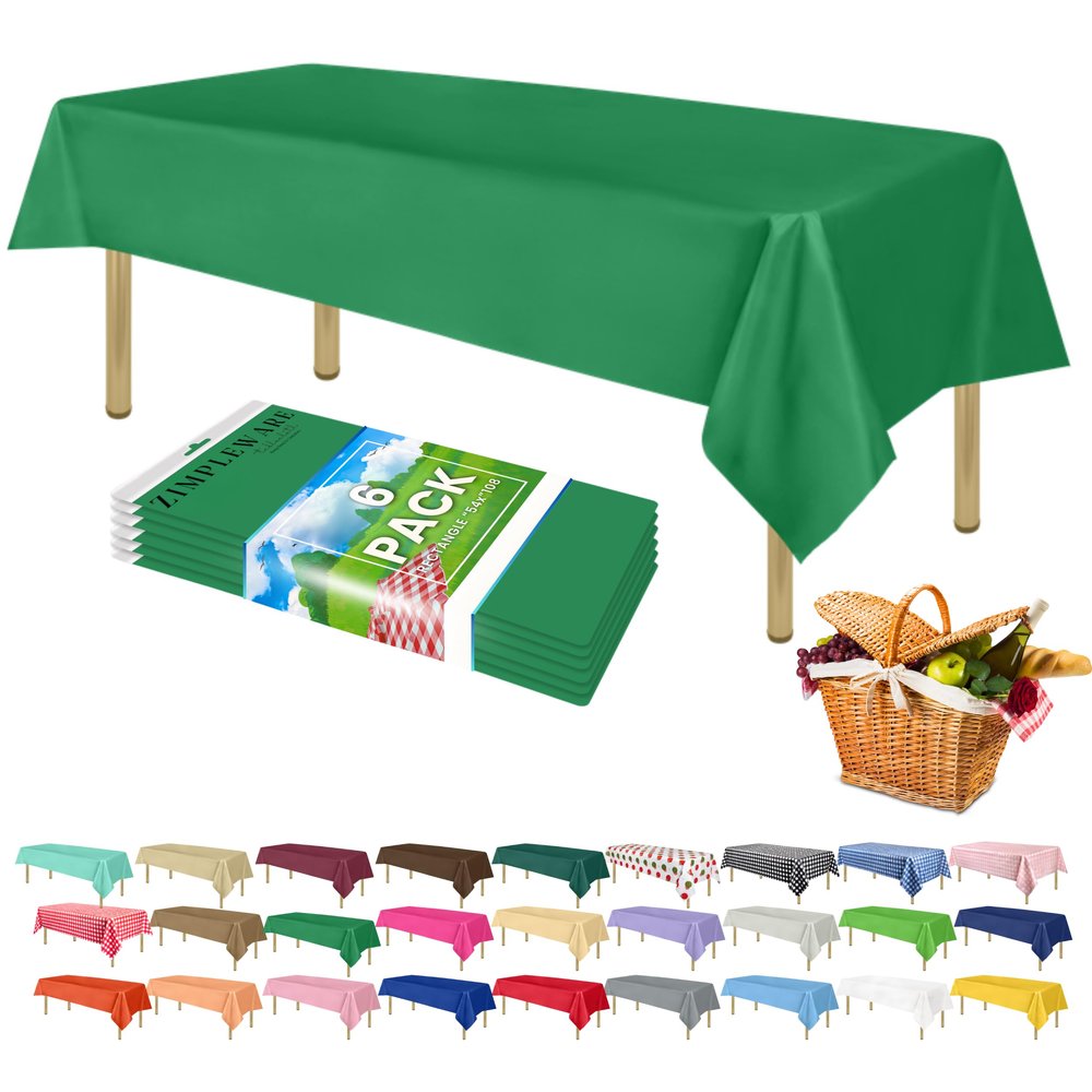 Zimpleware Green Standard Disposable Plastic Party Tablecloth, Rectangular, 137.2 x 274.3 cm, 6-Pack