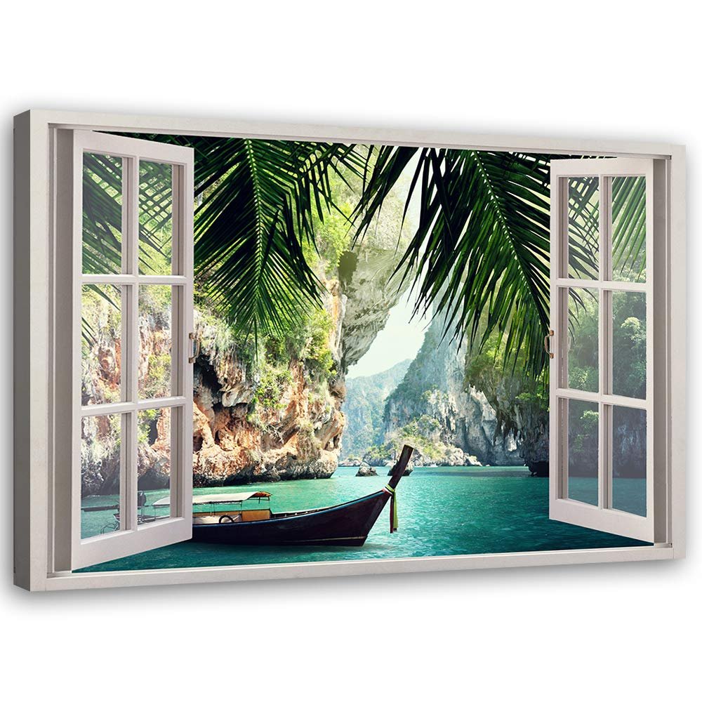 Feeby Canvas Wall Art – Window View of Palm Trees and Sea, 90 x 60 cm, 1-Piece