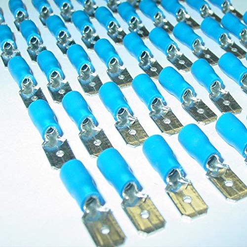 50 Blue Insulated Flat Spade Connectors, 0.8 x 6.35 mm, for 1.5–2.5 mm Cable, AS90