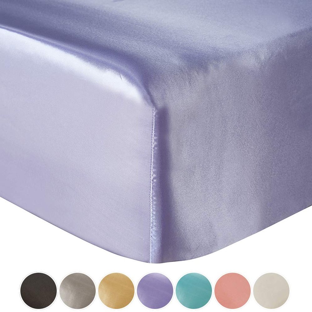 JK Home Ultra-Soft Faux Silk Microfiber Fitted Sheet, Wrinkle-Resistant, Hypoallergenic, Deep Pocket, Purple Queen