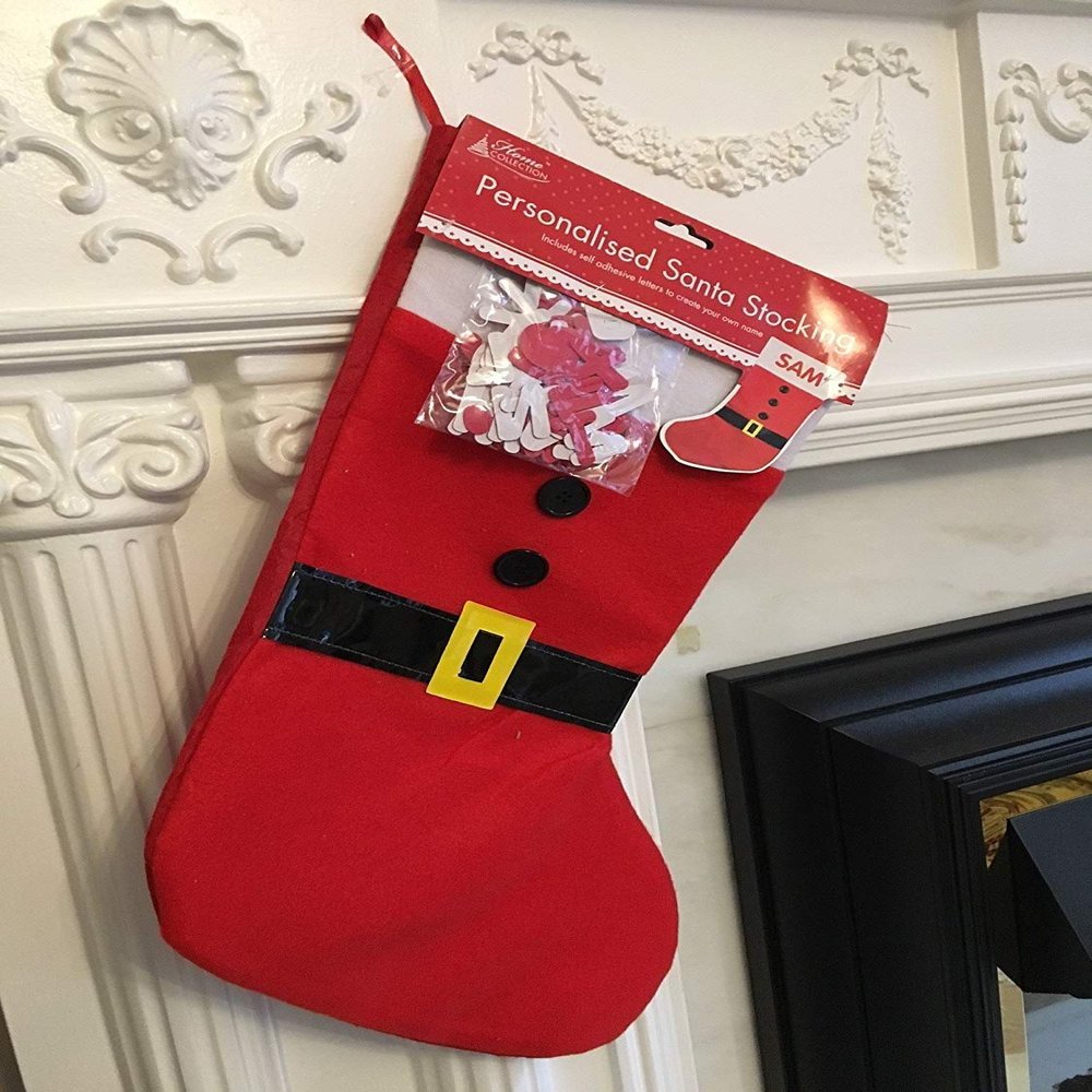 Shatchi Personalized Christmas Stocking with Christmas Design, Santa, Gift Sack, Red/White