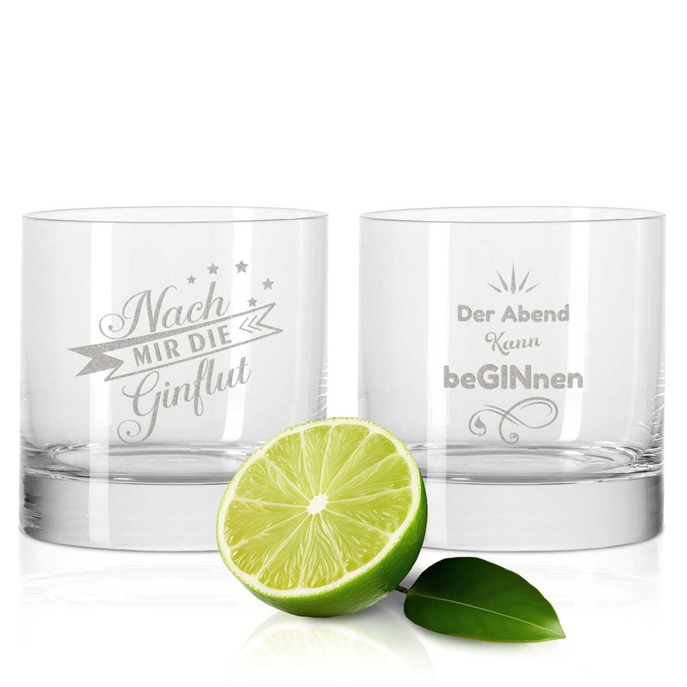 GRAVURZEILE 2-Piece Gin Glass Set – “After Me, the Gin Flood” & “The Evening Can Begin”