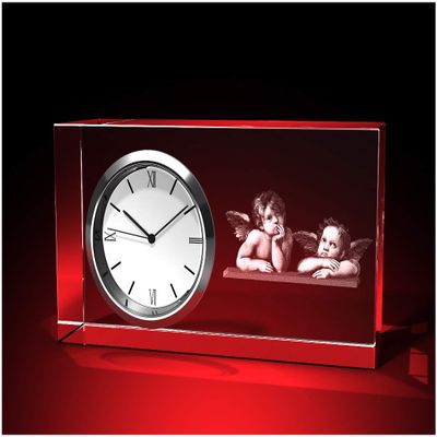 GLASFOTO.COM Raphael Angel Clock, Square Glass, 95 x 50 x 35 mm, 3D Inner Engraving in Crystal Glass, Premium Quality