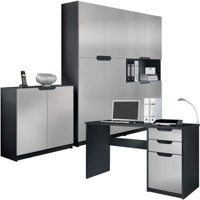 Vladon Logan Complete Office Furniture Set, Made in Germany, Matte Black Carcass/Silk-Matte Light Gray Fronts