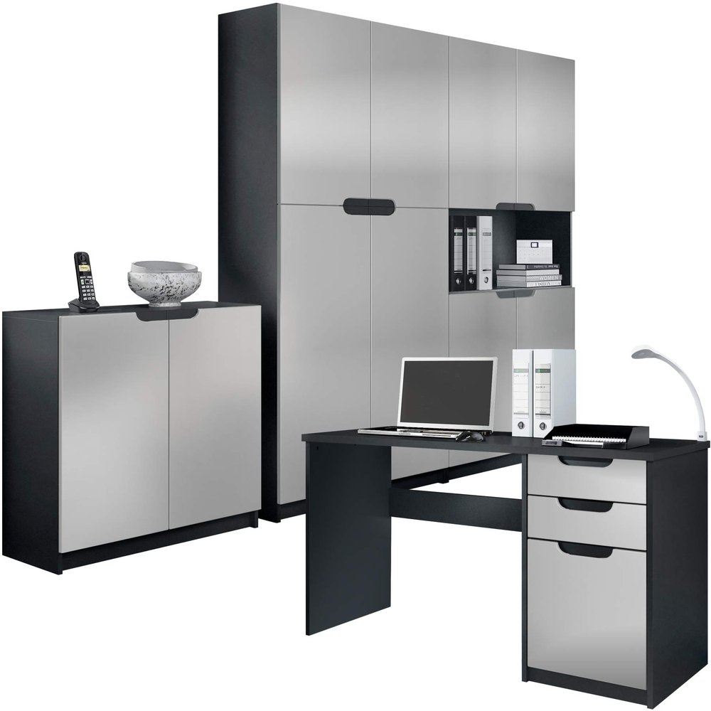 Vladon Logan Complete Office Furniture Set, Made in Germany, Matte Black Carcass/Silk-Matte Light Gray Fronts