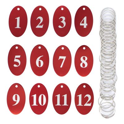 StayMax Oval Number Tags, Aluminum Alloy, with Key Rings, 1–50, Red