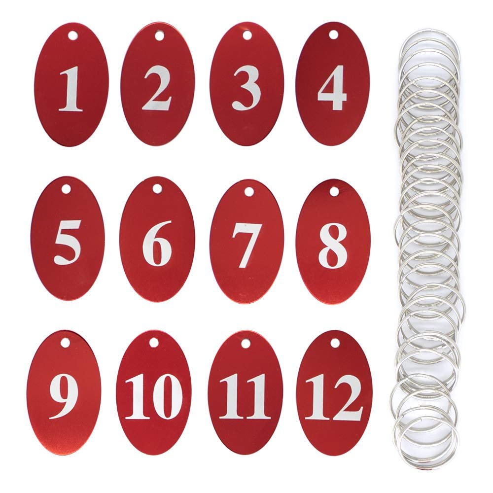 StayMax Oval Number Tags, Aluminum Alloy, with Key Rings, 1–50, Red