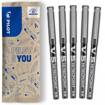 Pilot Hi-Tecpoint V5 Liquid Ink Rollerball Pens, Fine 0.5 mm Tip, 5-Pack, Black, Document-Proof