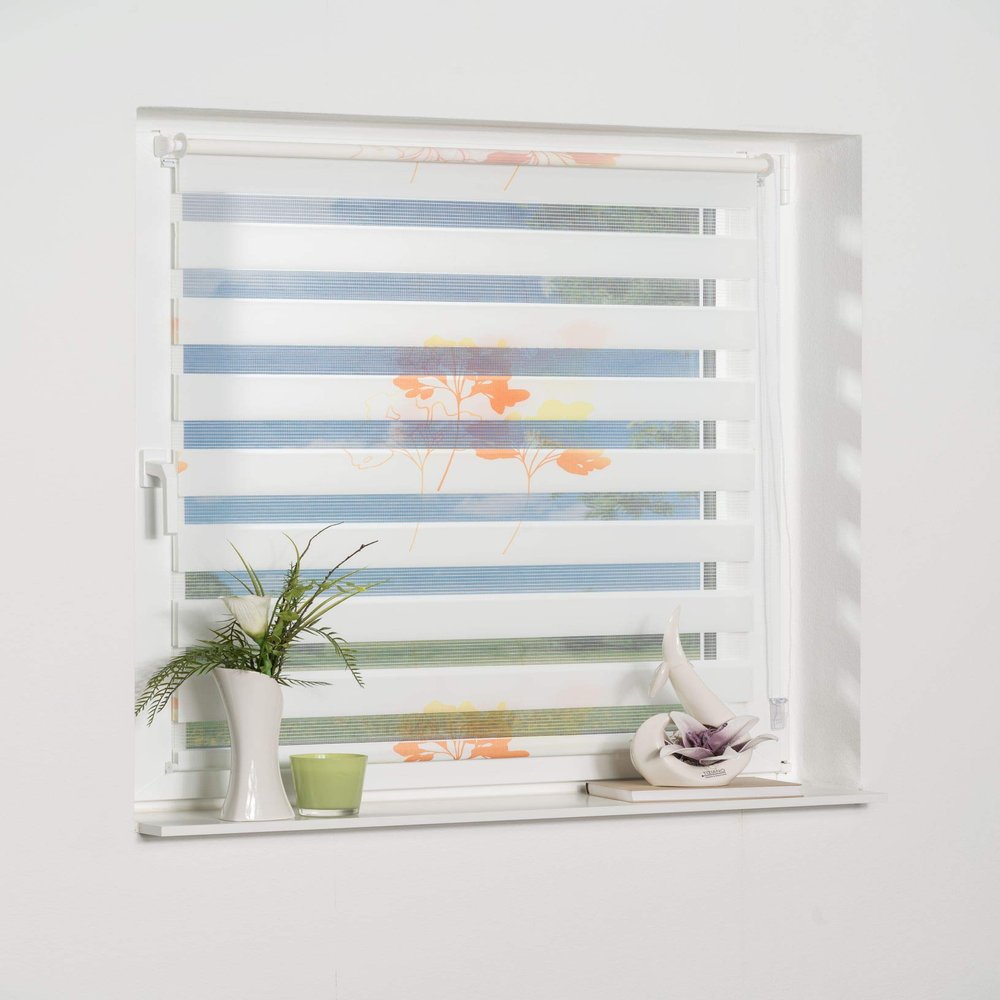 K-home Denia No-Drill Double Roller Blind, Orange, 105 x 150 cm (W x L), Floral Design