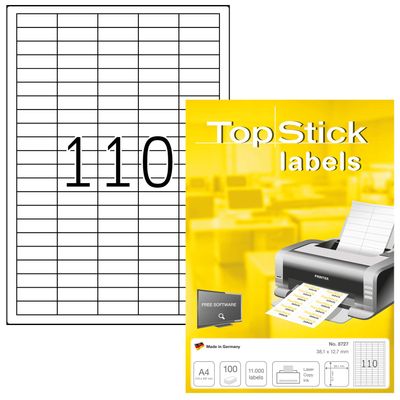 TopStick 8727 Universal Labels, 11,000 White Labels, 38.1 x 12.7 mm, 110 per A4 Sheet