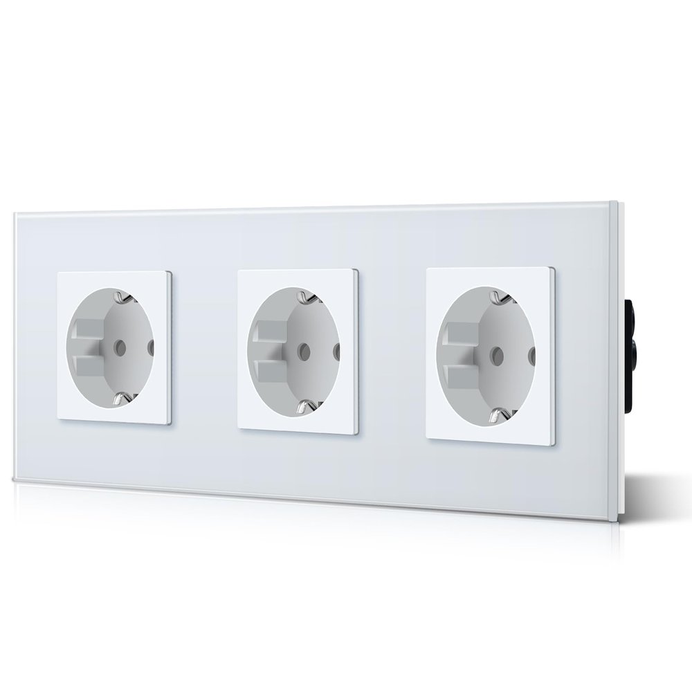 BSEED 3-Gang Schuko-Wandsteckdose, EU-Standard, 16 A/250 V, weiße Kristallglasplatte