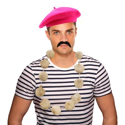 Hot Pink Beret, Garlic Garland and Curly Mustache Costume Set