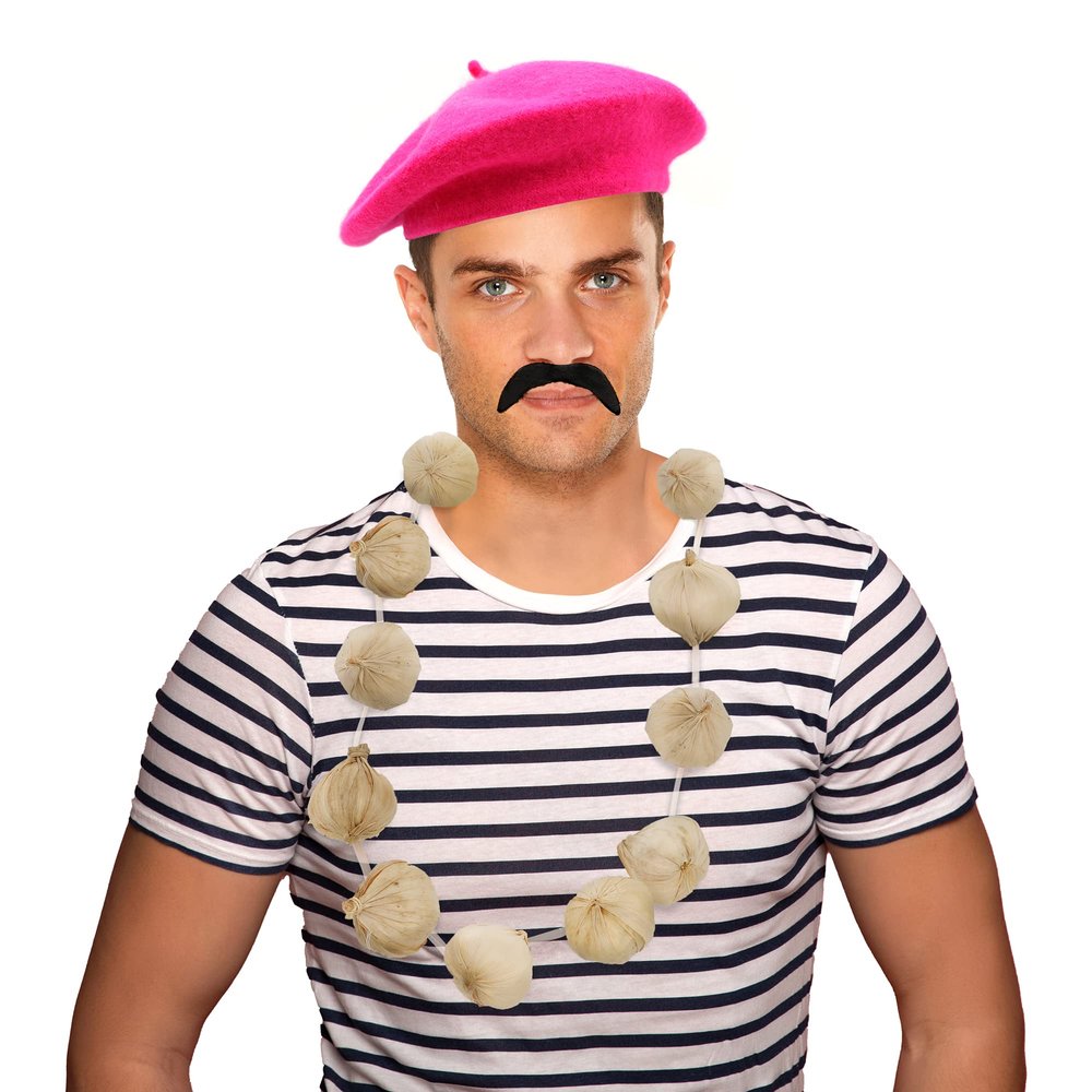 Hot Pink Beret, Garlic Garland and Curly Mustache Costume Set