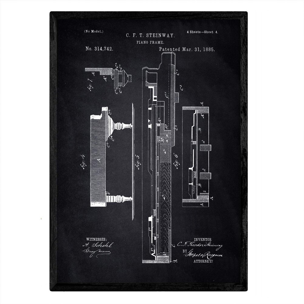 Nacnic Piano Patent Poster, 3rd Sheet, A3, Black Background