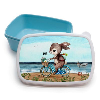 Blue Lunch Box – Bunny on Bicycle by the Sea, Personalized Name, LBr15