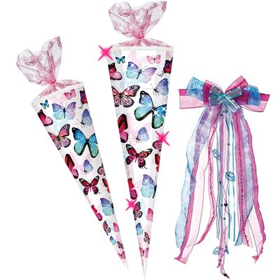 XL School Cone, Colorful Butterflies, 100 cm, 12-Sided, with Large Bow