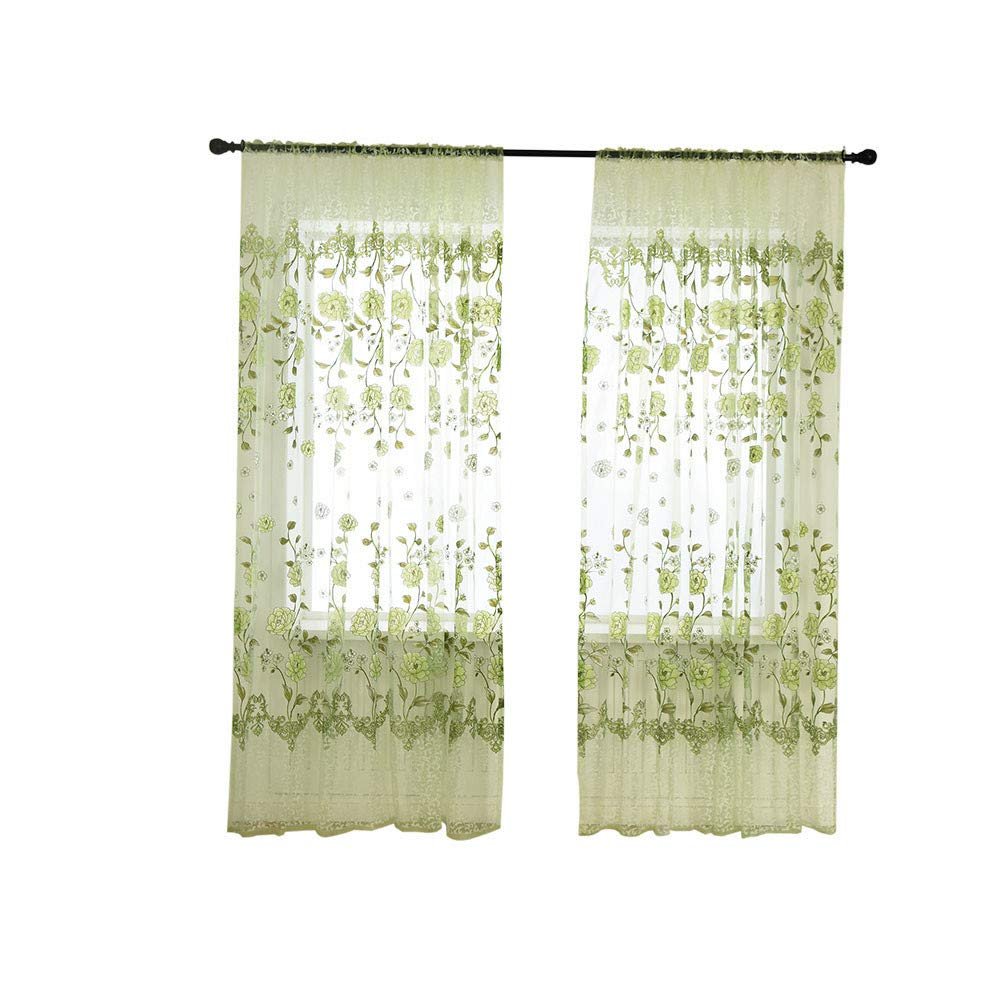 Xmiral Green Voile Door Curtain, Translucent Printed Panel with Rod Pocket, 100 x 200 cm