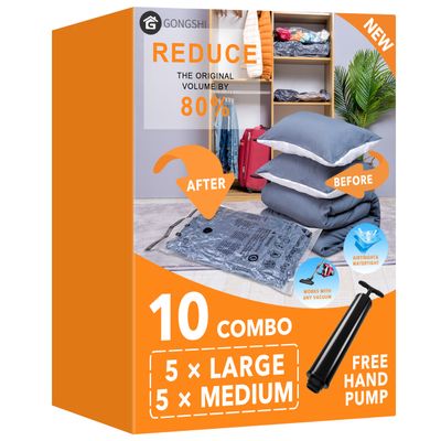 Vacuum Storage Bags for Clothing, Bedding, Pillows & Mattresses, 5 Large and 5 Medium