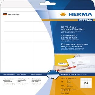 HERMA Labels, Inkjet/Laser/Copier, Self-Adhesive, 64.6 x 33.8 mm, White, Opaque, 600 Labels