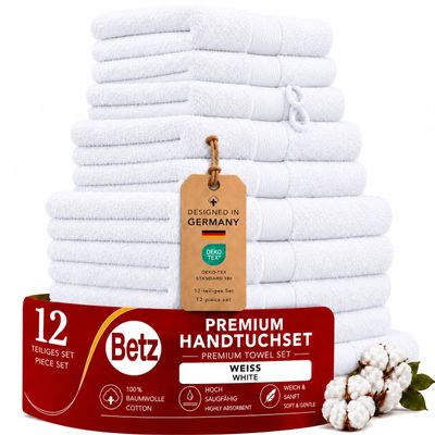 Betz Premium 12-Piece Towel Set, 100% Cotton, OEKO-TEX Certified, Extra Absorbent and Soft, White