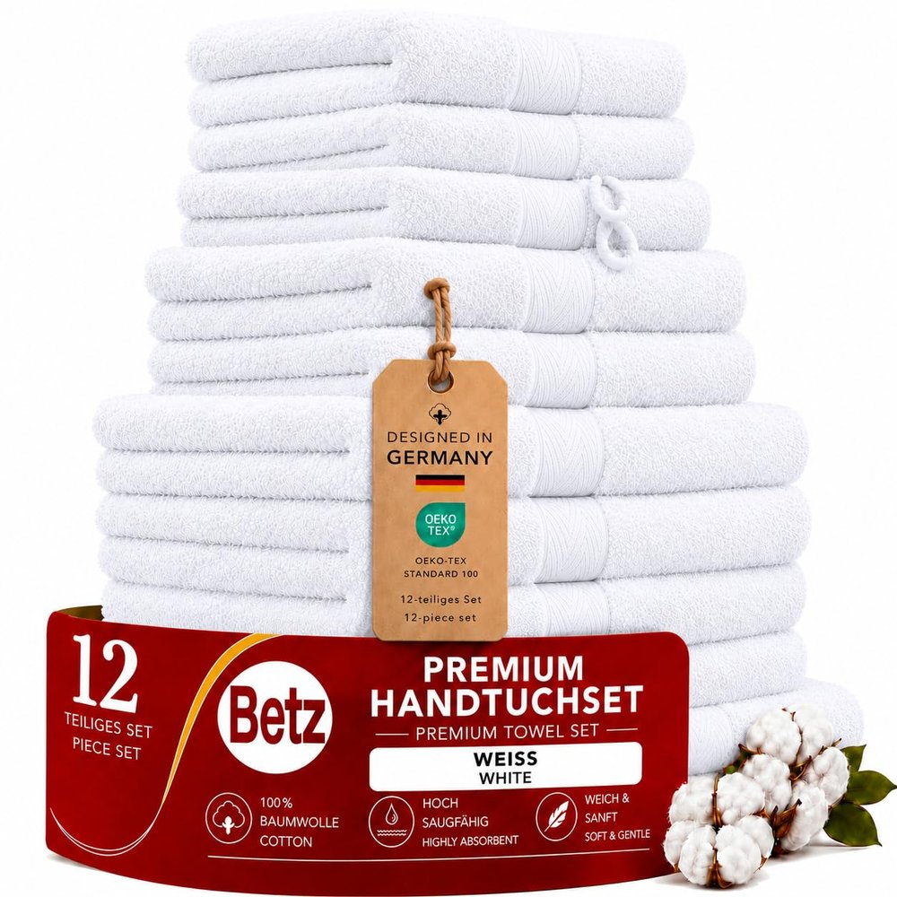 Betz Premium 12-Piece Towel Set, 100% Cotton, OEKO-TEX Certified, Extra Absorbent and Soft, White