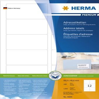 HERMA Labels, Inkjet/Laser/Copier, Self-Adhesive, Rounded Corners, 88.9 x 46.6 mm, White, 1,200 Labels