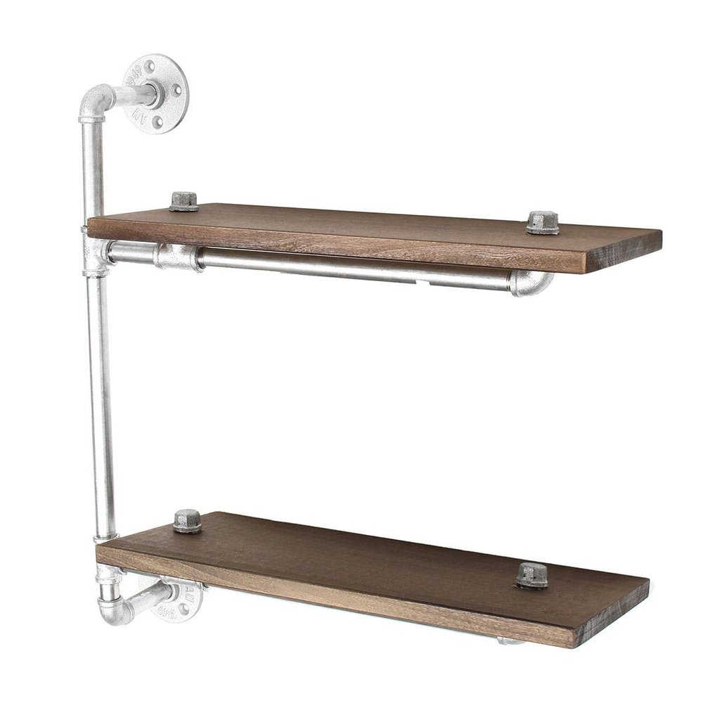 RanDal 2-Tier Industrial Pipe Wall Shelf Bracket, Vintage Storage Display Rack - Silver