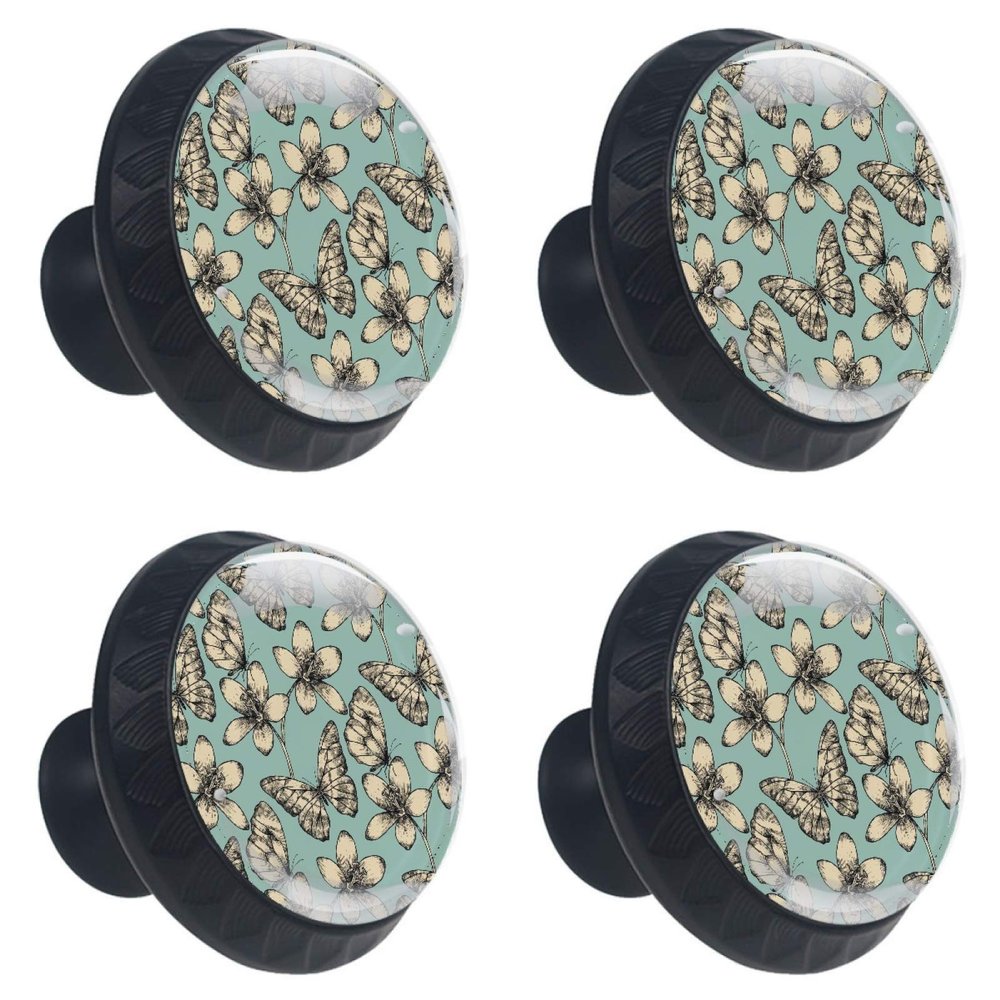 Abenily Round Green Glass Butterfly Cabinet Knobs, 30 mm, 4-Pack