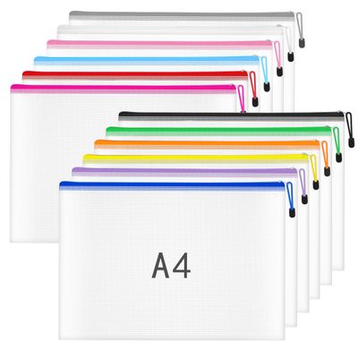 12-Pack A4 Document Pouches with Zippers, 12 Colors