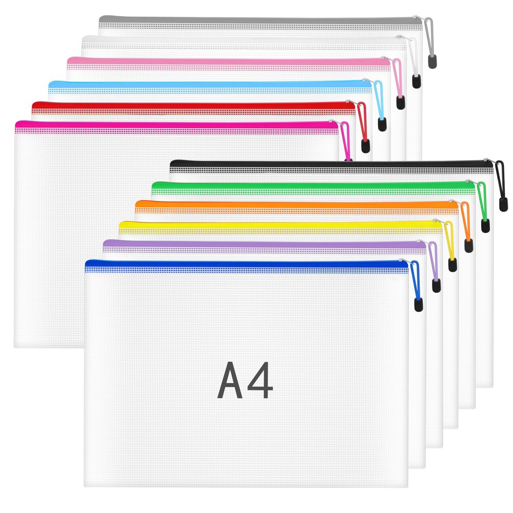 12-Pack A4 Document Pouches with Zippers, 12 Colors