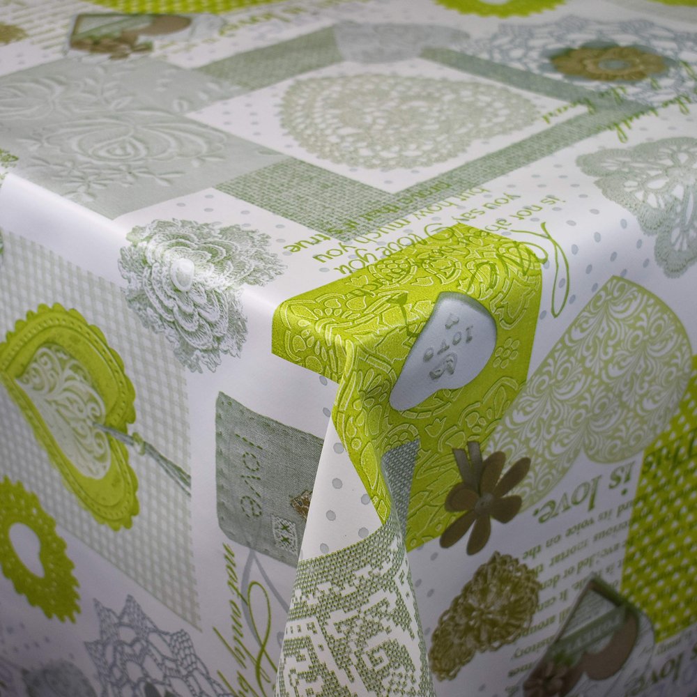 KEVKUS C146063 Love Oilcloth Tablecloth by the Meter, Green Hearts, Rectangular, Round or Oval