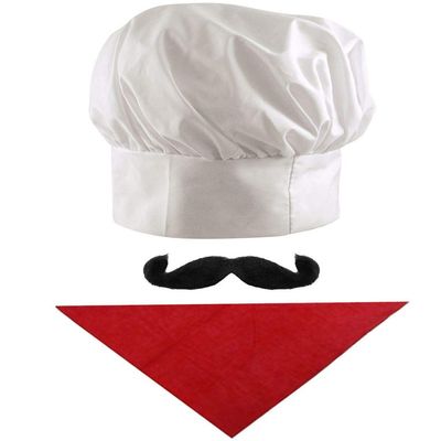 Unisex Chef Costume Set with Hat, Red Bandana and Black Mustaches