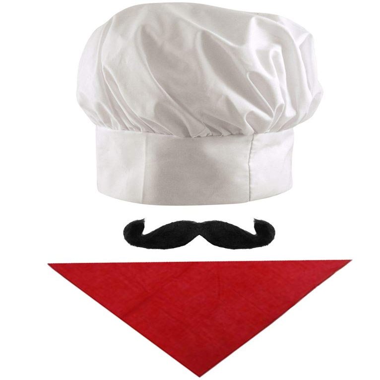 Unisex Chef Costume Set with Hat, Red Bandana and Black Mustaches