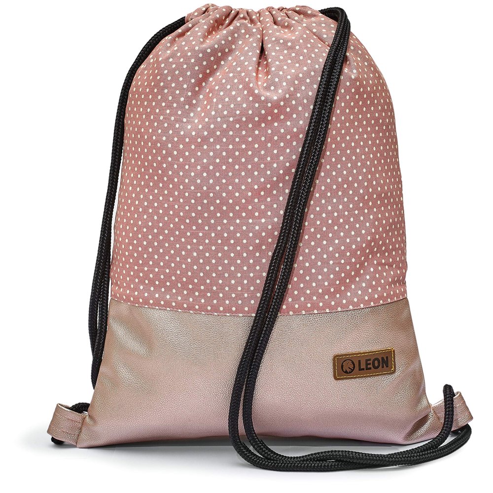 Leon By Bers Premium Drawstring Gym Bag with Inner Pockets, Dots Pink/Pink PU, 45 x 34 cm