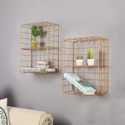 MU Rose Gold Square Iron Grid Wall Shelf