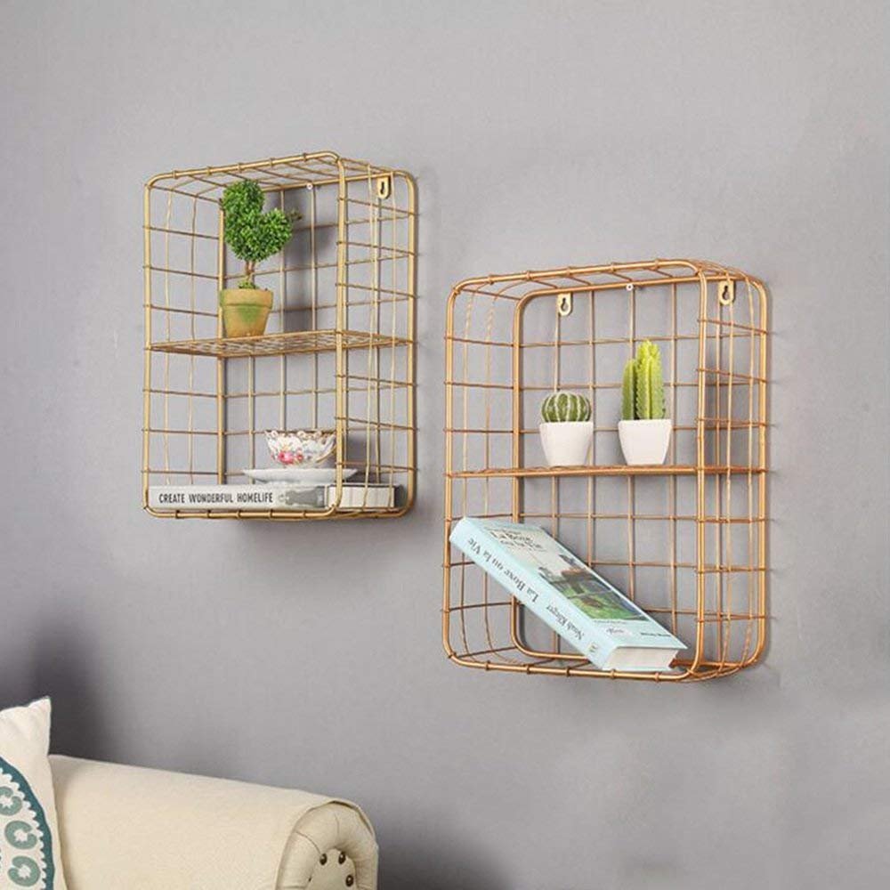 MU Rose Gold Square Iron Grid Wall Shelf
