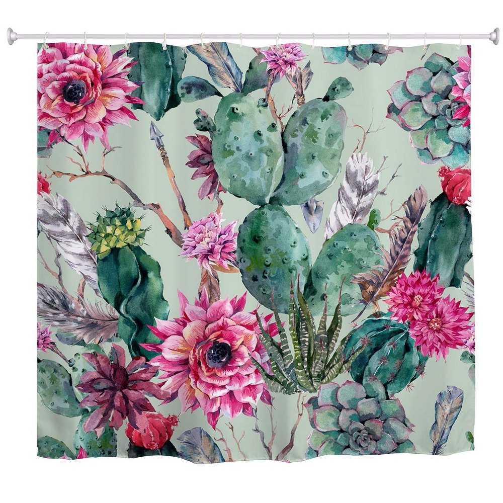 A.Monamour Green Cactus & Succulent Shower Curtain Set, 180 x 200 cm