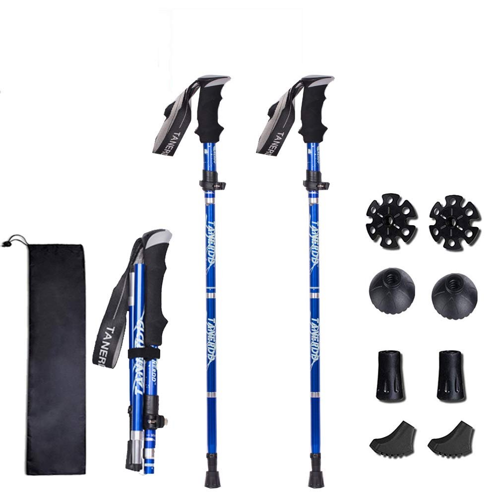 XDSP Folding Trekking Poles, Ultralight Anti-Shock Walking Sticks with EVA Foam Handles, Navy Blue, 2-Piece Set