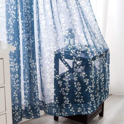 Printed Voile Curtain, Cotton Linen, Willow Branch Pattern, Semi-Sheer, 2-Piece Set, Blue, 200 x 250 cm